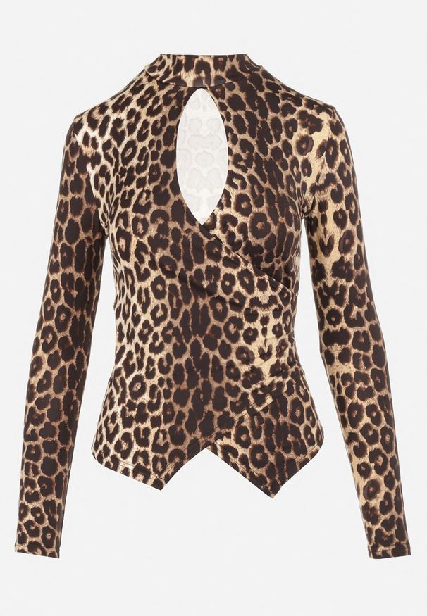 Born2be - Beżowa Bluzka Panterkowa z Wycięciem Jeshe. Kolor: beżowy. Materiał: skóra. Długość rękawa: długi rękaw. Długość: długie