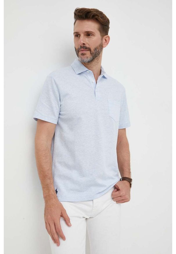Polo Ralph Lauren polo z domieszką lnu kolor niebieski gładki. Typ kołnierza: polo. Kolor: niebieski. Materiał: len. Długość rękawa: krótki rękaw. Długość: krótkie. Wzór: gładki