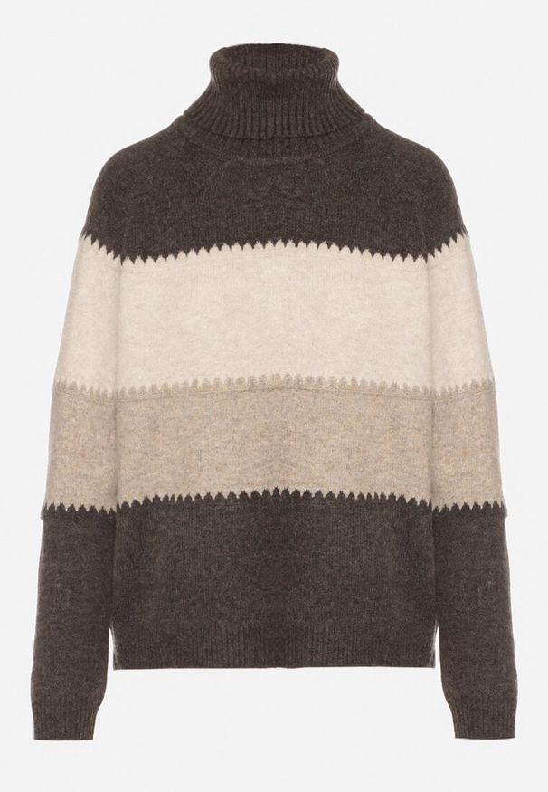 Born2be - Brązowy Golf Oversize w Szerokie Pasy z Domieszką Kaszmiru Nellemia. Okazja: na co dzień. Typ kołnierza: golf. Kolor: brązowy. Materiał: kaszmir. Styl: casual