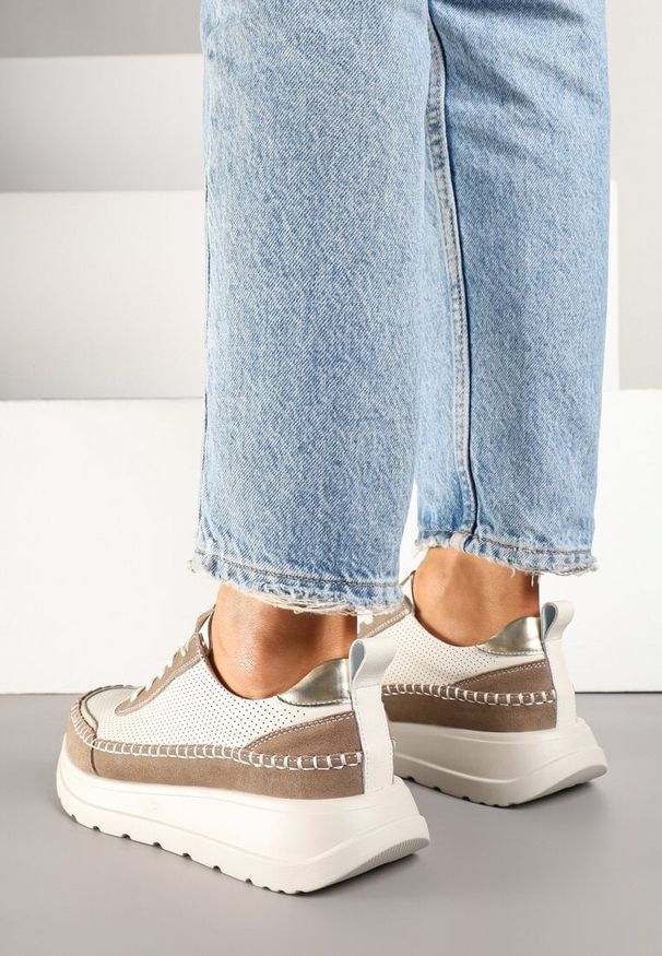 Renee - Beżowo-Brązowe Sneakersy Skórzane Ozdobione Metalicznymi Wstawkami i Przeszyciami Renosa. Okazja: na co dzień. Kolor: beżowy. Materiał: skóra. Wzór: aplikacja. Obcas: na platformie