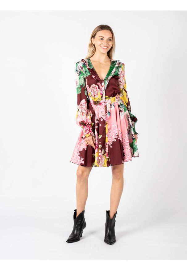 Pinko Sukienka "Salamandra" | 1V10Q0 Y7U8 | Kobieta | Wielokolorowy. Okazja: na co dzień. Typ kołnierza: dekolt w kształcie V. Kolor: wielokolorowy. Wzór: aplikacja, kwiaty. Typ sukienki: proste. Materiał: poliester. Długość rękawa: długi rękaw. Styl: casual. Długość: midi