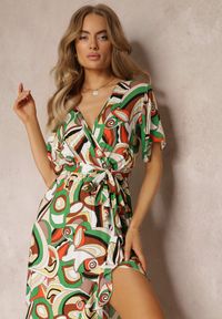 Renee - Zielona Wzorzysta Sukienka Midi z Gumką w Talii z Wiskozy Angelett. Okazja: na co dzień. Kolor: zielony. Materiał: wiskoza. Typ sukienki: kopertowe. Styl: casual. Długość: midi