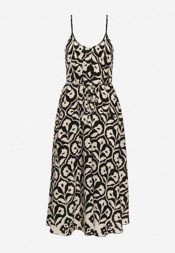 Born2be - Czarno-Biała Sukienka na Cienkich Ramiączkach o Trapezowym Kroju z Wiązaniem na Troczek Cavriella. Okazja: na co dzień. Kolor: czarny. Długość rękawa: na ramiączkach. Sezon: lato. Typ sukienki: trapezowe. Styl: casual, elegancki, klasyczny