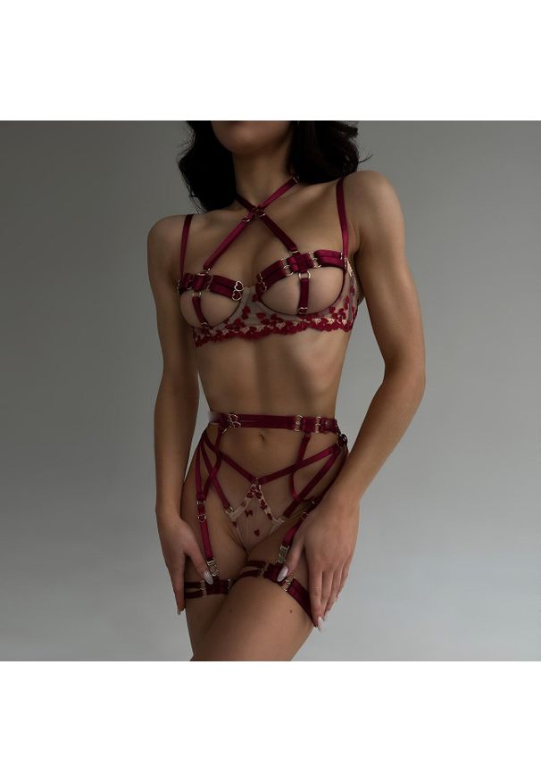 Intica - Komplet bielizny z regulowanymi paskami na romantyczne wieczory Cherrie. Kolor: czerwony. Materiał: materiał, skóra. Wzór: paski