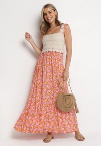 Born2be - Pomarańczowa Rozkloszowana Sukienka Maxi z Szydełkową Górą Sertona. Kolor: pomarańczowy. Materiał: tkanina. Długość rękawa: na ramiączkach. Długość: maxi #5