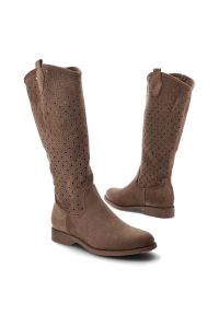 Brązowe Kozaki S.Barski Modne Obuwie Damskie. Okazja: do pracy, na spacer, na co dzień. Kolor: beżowy. Szerokość cholewki: normalna. Wzór: ażurowy. Materiał: materiał. Sezon: zima, jesień. Obcas: na obcasie. Styl: klasyczny, casual, elegancki. Wysokość obcasa: niski #5