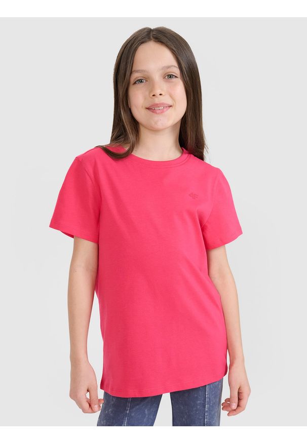 4f - 4F T-shirt regular gładki dziewczęcy - różowy 140 (9-10 lat). Okazja: na co dzień. Kolor: różowy. Materiał: dzianina, bawełna, jersey. Długość rękawa: krótki rękaw. Długość: krótkie. Wzór: gładki. Sezon: lato. Styl: klasyczny, sportowy, casual