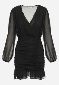 Born2be - Czarna Sukienka Mini Taliowana z Kopertową Górą i Marszczeniami Nolsama. Typ kołnierza: dekolt kopertowy. Kolor: czarny. Typ sukienki: kopertowe. Styl: elegancki, klasyczny, wizytowy. Długość: mini #4