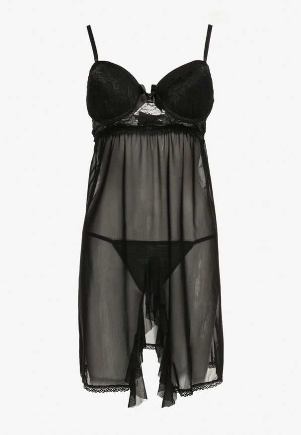 Renee - Czarna Prześwitująca Koszula Nocna z Koronką i Stringami Remielia. Kolor: czarny. Materiał: koronka. Wzór: koronka