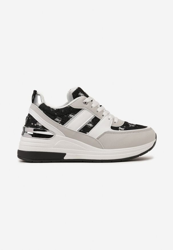 Born2be - Biało-Czarne Sneakersy na Grubej Podeszwie z Brokatem i Cekinami Asseni. Kolor: biały
