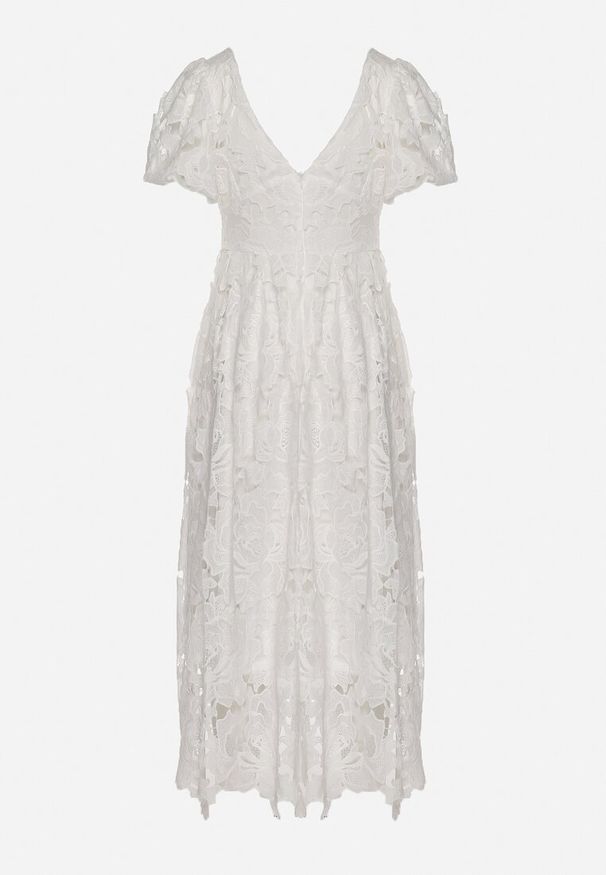 Born2be - Biała Sukienka Koronkowa z Krótkim Bufiastym Rękawem Ulessa. Okazja: na imprezę. Kolor: biały. Materiał: koronka