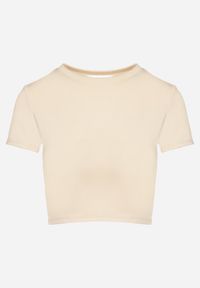 Born2be - Beżowy T-shirt z Wiskozą o Dopasowanym Kroju Typu Crop Top Folirra. Okazja: na co dzień. Kolor: beżowy. Materiał: wiskoza. Styl: klasyczny, casual #7