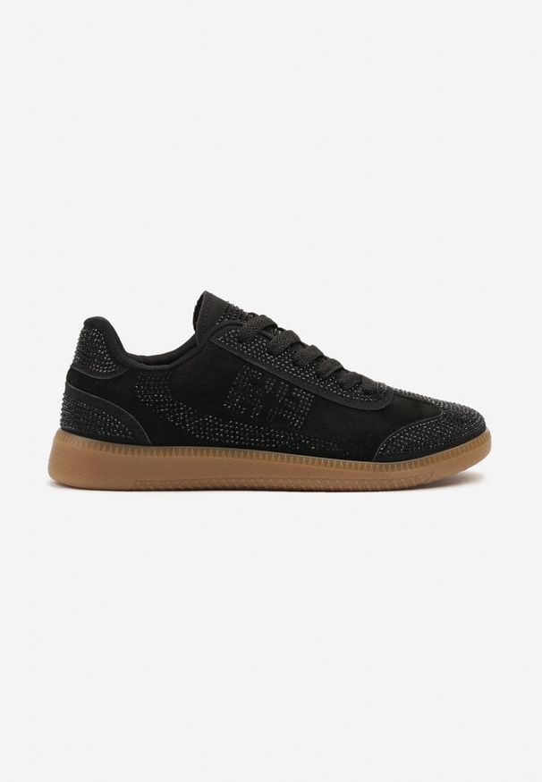 Born2be - Czarne Sneakersy na Kauczukowej Podeszwie z Cyrkoniami Amondelle. Okazja: na co dzień. Kolor: czarny. Materiał: kauczuk. Wzór: aplikacja