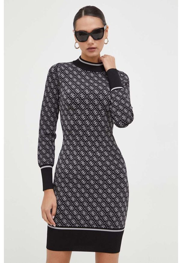 Guess sukienka kolor czarny mini dopasowana. Kolor: czarny. Materiał: dzianina. Długość rękawa: długi rękaw. Typ sukienki: dopasowane. Długość: mini