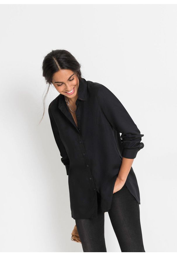 bonprix - Długa bluzka z czystej wiskozy. Kolor: czarny. Materiał: wiskoza. Długość: długie. Styl: elegancki