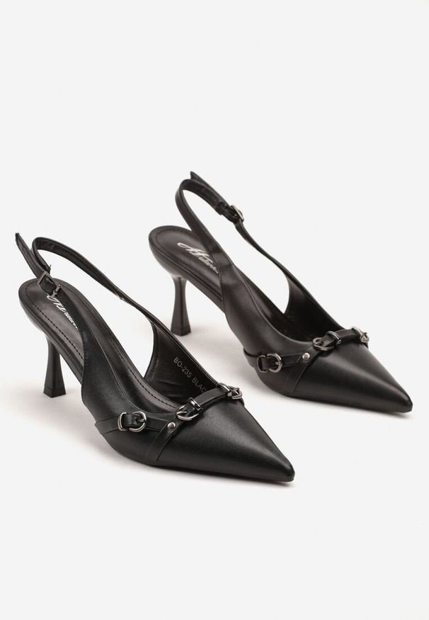 Born2be - Czarne Sandały Slingback na Szpilce Zdobione Paskami z Klamrami Neliren. Okazja: na co dzień, na imprezę. Nosek buta: szpiczasty. Zapięcie: klamry. Kolor: czarny. Wzór: aplikacja. Obcas: na szpilce. Styl: elegancki, casual