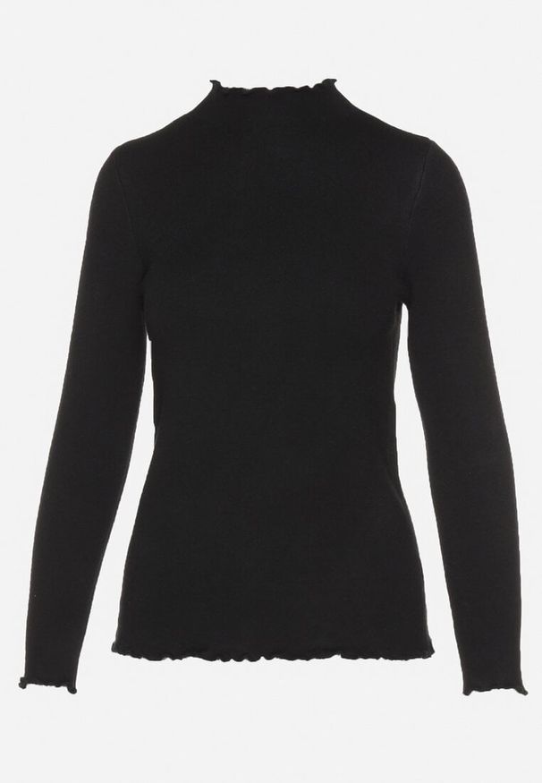 Born2be - Czarny Sweter z Wełną i Ozdobną Falbanką przy Dekolcie Seanoria. Okazja: na co dzień. Kolor: czarny. Materiał: wełna. Wzór: aplikacja. Styl: elegancki, casual, klasyczny