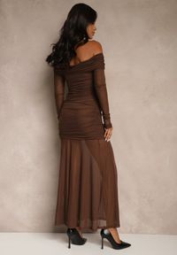 Renee - Brązowa Koktajlowa Sukienka z Prześwitującymi Rękawami i Marszczeniem Haludea. Okazja: na imprezę. Kolor: brązowy. Styl: wizytowy #4