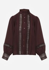 Renee - Brązowa Koszula ze Stójką i Koronką Phaeninca. Okazja: na co dzień. Typ kołnierza: kołnierzyk stójkowy. Kolor: brązowy. Materiał: koronka. Wzór: koronka. Styl: casual, elegancki #8