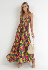 Born2be - Żółto-Fuksjowa Rozkloszowana Sukienka Maxi Wiązana na Szyi z Wiskozy w Kwiaty Enisa. Kolor: żółty. Materiał: wiskoza. Wzór: kwiaty. Sezon: wiosna, lato. Długość: maxi #1