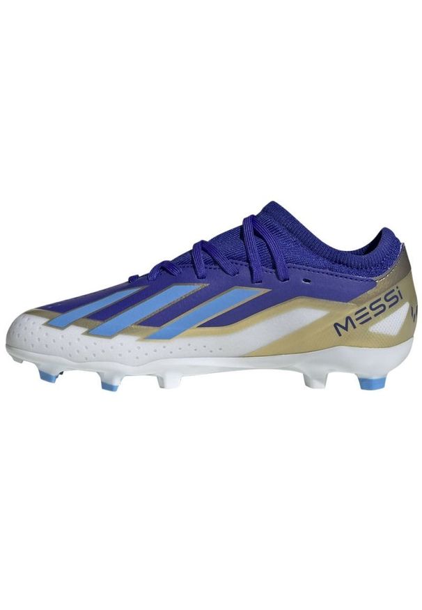 Adidas - Buty adidas X Crazyfast League Messi Jr Fg ID0714 niebieskie. Zapięcie: sznurówki. Kolor: niebieski. Materiał: dzianina, włókno, materiał, guma, syntetyk. Szerokość cholewki: normalna. Wzór: ze splotem. Sport: piłka nożna