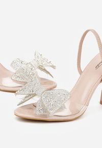 Renee - Beżowe Transparentne Sandały na Klepsydrowej Szpilce z Kokardą i Cyrkoniami Feralia. Okazja: na imprezę. Kolor: beżowy. Materiał: jeans. Sezon: wiosna. Styl: elegancki #4