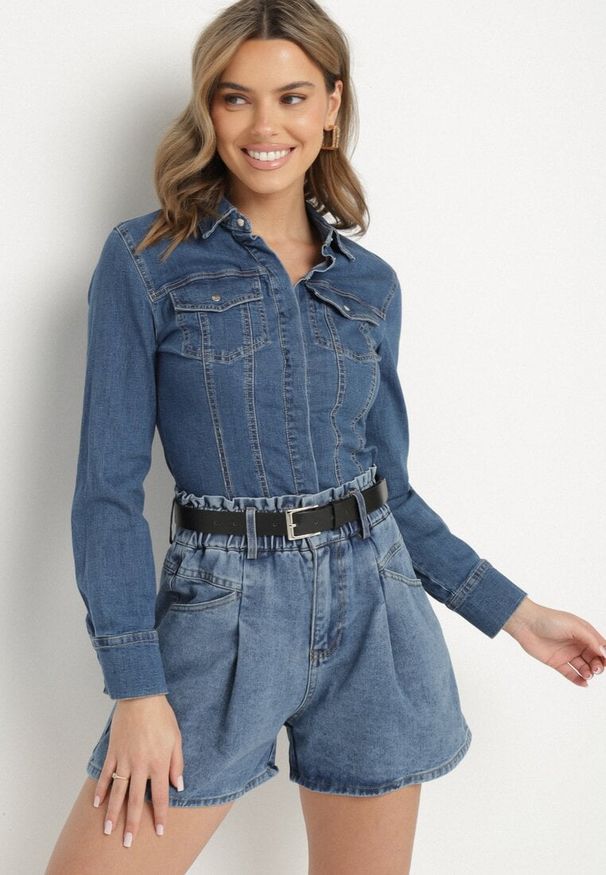 Born2be - Niebieskie Szorty Jeansowe z Ozdobnymi Przeszyciami Gumką w Talii i Paskiem Alariana. Okazja: na co dzień. Kolor: niebieski. Materiał: jeans. Styl: klasyczny, elegancki, casual