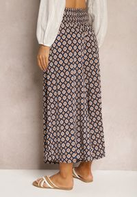 Renee - Granatowo-Beżowe Szerokie Spodnie Kuloty z Gumką w Pasie Zaphelia. Okazja: na co dzień, do pracy. Stan: podwyższony. Kolor: niebieski. Materiał: materiał. Styl: elegancki, casual #5