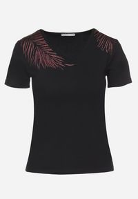 Born2be - Czarny Bawełniany T-shirt z Dekoltem w Serek z Cyrkoniową Aplikacją Nirivale. Okazja: na co dzień. Typ kołnierza: dekolt w serek. Kolor: czarny. Materiał: bawełna. Wzór: aplikacja. Styl: elegancki, casual #4