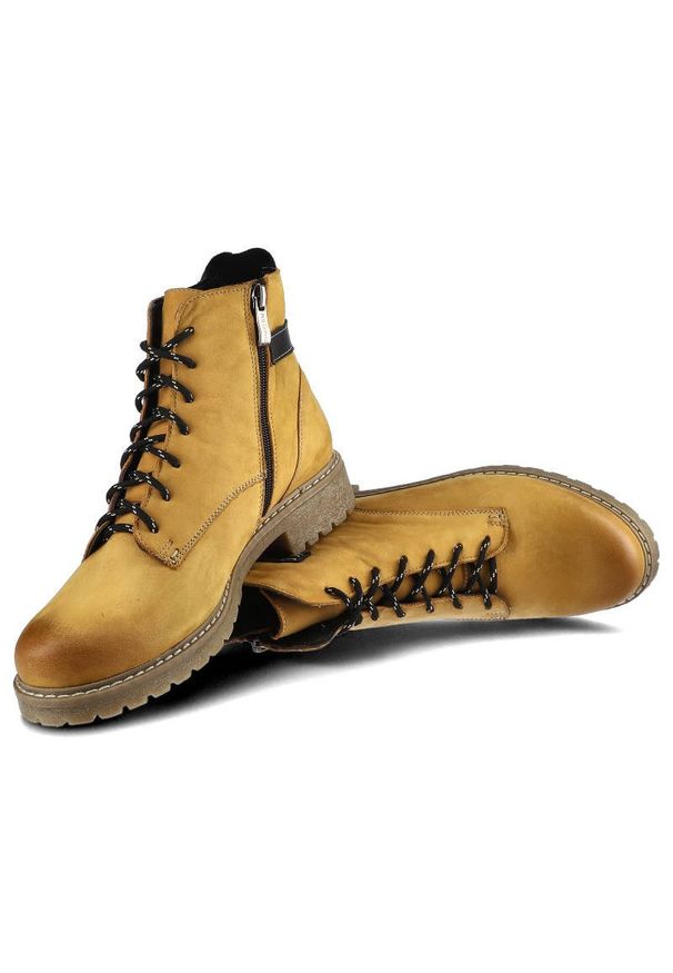 Botki damskie Pollonus, ze skóry naturalnej i ocieplane, żółte, 5-1119-005. Okazja: na spacer, na co dzień. Zapięcie: klamry. Kolor: żółty. Szerokość cholewki: normalna. Materiał: skóra, nubuk. Sezon: zima, jesień. Obcas: na obcasie. Styl: casual, elegancki. Wysokość obcasa: niski