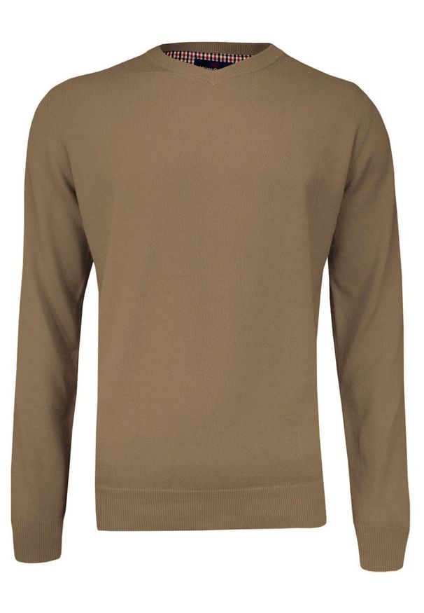 Sweter Beżowy w Serek (V-neck) Klasyczny, Męski, Sepia, Jednokolorowy - Adriano Guinari. Okazja: na co dzień, na spotkanie biznesowe, do pracy. Typ kołnierza: dekolt w serek. Kolor: brązowy, wielokolorowy, beżowy. Materiał: bawełna. Styl: klasyczny