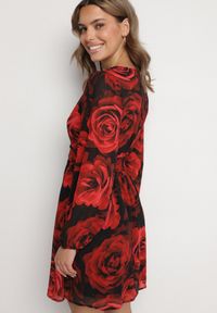 Born2be - Czarno-Czerwona Rozkloszowana Sukienka w Róże z Bufiastymi Rękawami i Marszczeniem w Talii Senarielle. Okazja: na co dzień, na imprezę. Kolor: czarny. Materiał: skóra. Sezon: wiosna. Styl: casual, elegancki #3