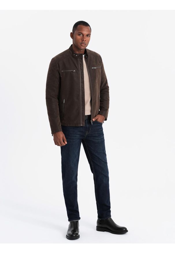 Ombre Clothing - Męska kurtka biker w stylu retro ze stójką – brązowa V1 - Rozmiar: L. Typ kołnierza: kołnierzyk stójkowy. Kolor: brązowy. Materiał: poliester, skóra, materiał. Styl: retro