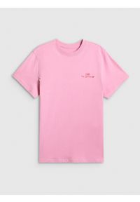 4f - 4F T-shirt loose z nadrukiem damski - różowy L. Okazja: do domu, na co dzień. Kolor: różowy. Materiał: materiał, dzianina, skóra, bawełna. Wzór: nadruk. Styl: casual #1