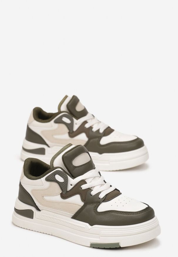 Born2be - Zielono-Białe Sneakersy z Imitacji Skóry z Ozdobnymi Wstawkami Xavara. Okazja: na co dzień. Nosek buta: okrągły. Kolor: beżowy. Materiał: skóra. Szerokość cholewki: normalna. Obcas: na płaskiej podeszwie