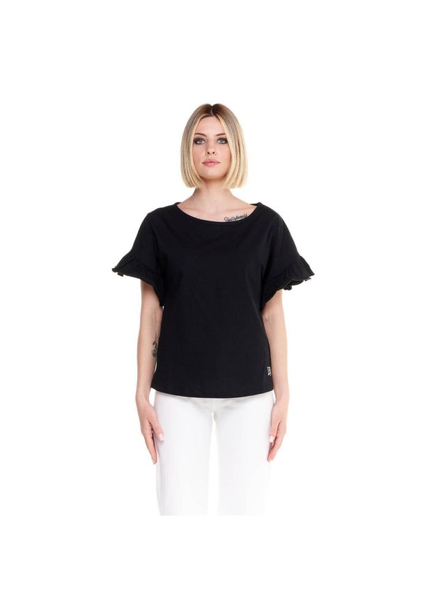 LEONE 1947 APPAREL - Błyszcząca damska koszulka z krótkim rękawem i falbaną. Kolor: czarny. Materiał: tkanina. Długość rękawa: krótki rękaw. Długość: krótkie. Sport: fitness