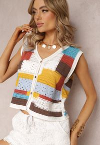 Renee - Biało-Niebieski Top z Bawełnianej Dzierganej Tkaniny Zapinany na Guziki Kawayne. Kolor: biały. Materiał: bawełna, dziergany, tkanina. Styl: boho