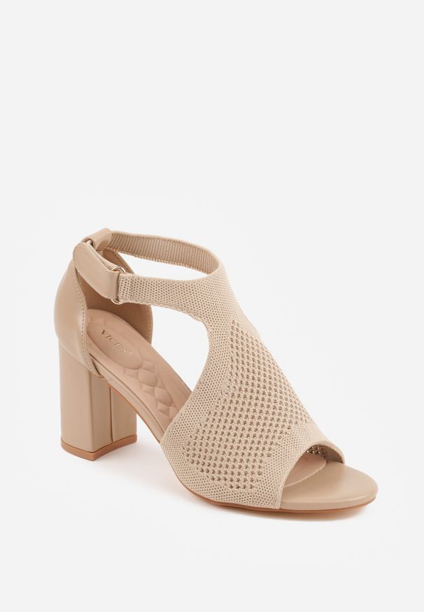 Renee - Ciemnobeżowe Sandały Soft Fit VICES na Obcasie w Stylu Botków z Elastyczną Ażurową Cholewką Comfort Omphopis. Zapięcie: rzepy. Kolor: beżowy. Materiał: jeans, materiał. Wzór: ażurowy. Obcas: na obcasie. Wysokość obcasa: średni