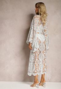 Renee - Jasnoszara Narzutka Tunika z Transparentnej Koronki z Paskiem w Talii Adkira. Okazja: na plażę. Kolor: szary. Materiał: koronka. Wzór: koronka. Sezon: lato. Styl: elegancki #5
