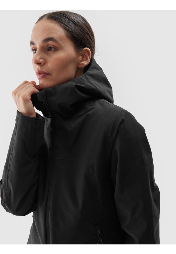 4f - 4F Kurtka narciarska membrana 5000 damska - czarna XL. Okazja: na co dzień. Typ kołnierza: kaptur. Kolor: czarny. Materiał: poliester, syntetyk, materiał, puch. Długość: długie. Sezon: zima. Styl: klasyczny, casual, sportowy
