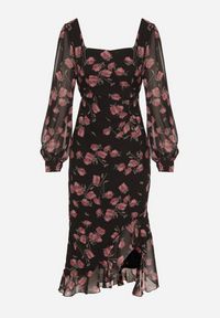 Born2be - Czarno-Różowa Taliowana Sukienka VICES z Falbankami i Bufiastymi Rękawami Aruvita. Okazja: na wesele, na ślub cywilny. Typ kołnierza: kołnierz z falbankami. Kolor: czarny. Materiał: lakier. Typ sukienki: oversize. Styl: klasyczny #2