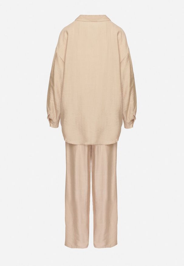 Born2be - Beżowy Komplet z Wiskozy Koszula i Spodnie Sesanila. Kolor: beżowy. Materiał: wiskoza. Wzór: kolorowy