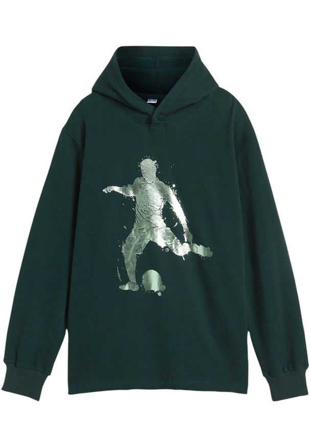 bonprix - Bluza z kapturem z miękkiej mieszanki bawełny. Typ kołnierza: kaptur. Kolor: zielony. Materiał: bawełna. Wzór: nadruk