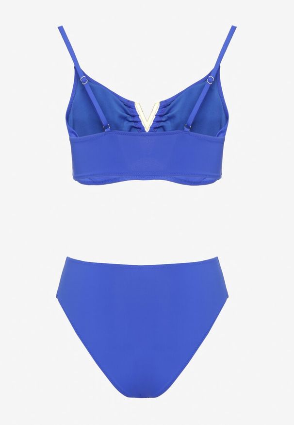 Born2be - Niebieskie Bikini Biustonosz z Metaliczną Ozdobą i Majtki Figi Kinirela. Kolor: niebieski. Wzór: aplikacja