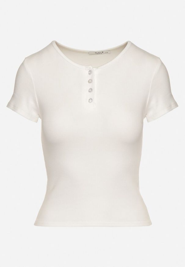 Born2be - Biały T-shirt Bawełniany w Prążki z Guzikami Balirea. Okazja: na co dzień. Kolor: biały. Materiał: bawełna. Wzór: prążki. Styl: elegancki, casual