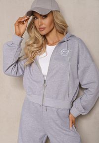 Renee - Szara Bluza Rozpinana z Wyszytą Emotką i Kapturem Cornoria. Kolor: szary. Materiał: dzianina