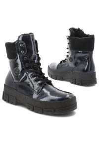 Niebieskie Botki Rieker Obuwie Damskie Na Solidnej Podeszwie. Okazja: na spacer, na co dzień. Zapięcie: sznurówki. Kolor: niebieski. Materiał: lakier. Szerokość cholewki: normalna. Sezon: zima. Styl: casual #6