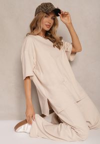 Renee - Beżowy Komplet z Bawełny T-shirt z Rozcięciami i Spodnie o Szerokim Kroju Elpiola. Kolor: beżowy. Materiał: bawełna #5