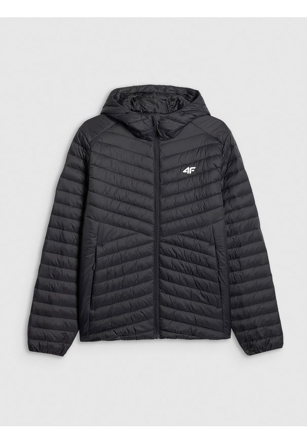 4f - 4F Kurtka z wypełnieniem syntetycznym męska - czarna S. Okazja: na co dzień. Typ kołnierza: kaptur. Kolor: czarny. Materiał: syntetyk. Wzór: jodełka. Styl: casual