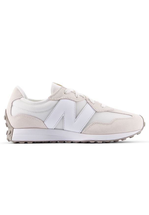Buty dziecięce New Balance GS327LW – beżowe. Okazja: na co dzień. Kolor: beżowy. Materiał: zamsz, guma, materiał, syntetyk. Szerokość cholewki: normalna